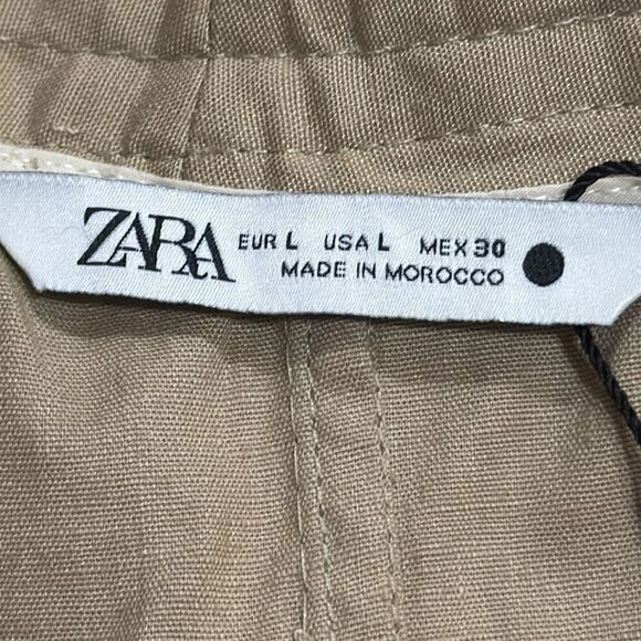 (J) Zara Women Linen Blend Cargo Pants Beige, Straight Leg, Wide Cuffs at Ankle - Picture 12 of 13